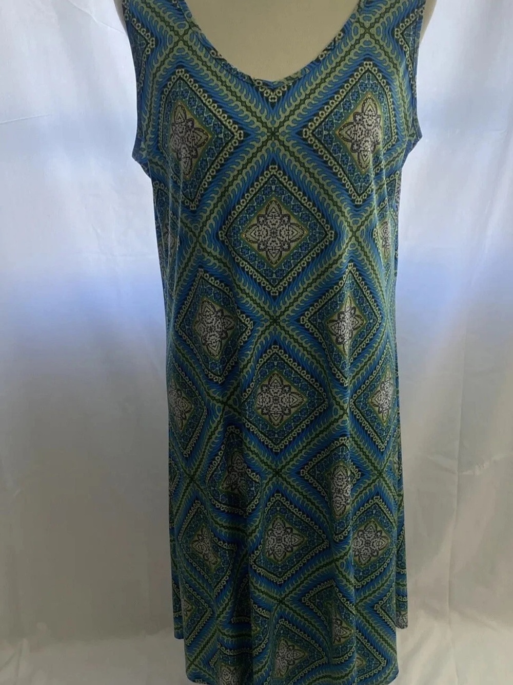 Live and Let Live Sleeveless Geometric Midi Dress in Blue and Green